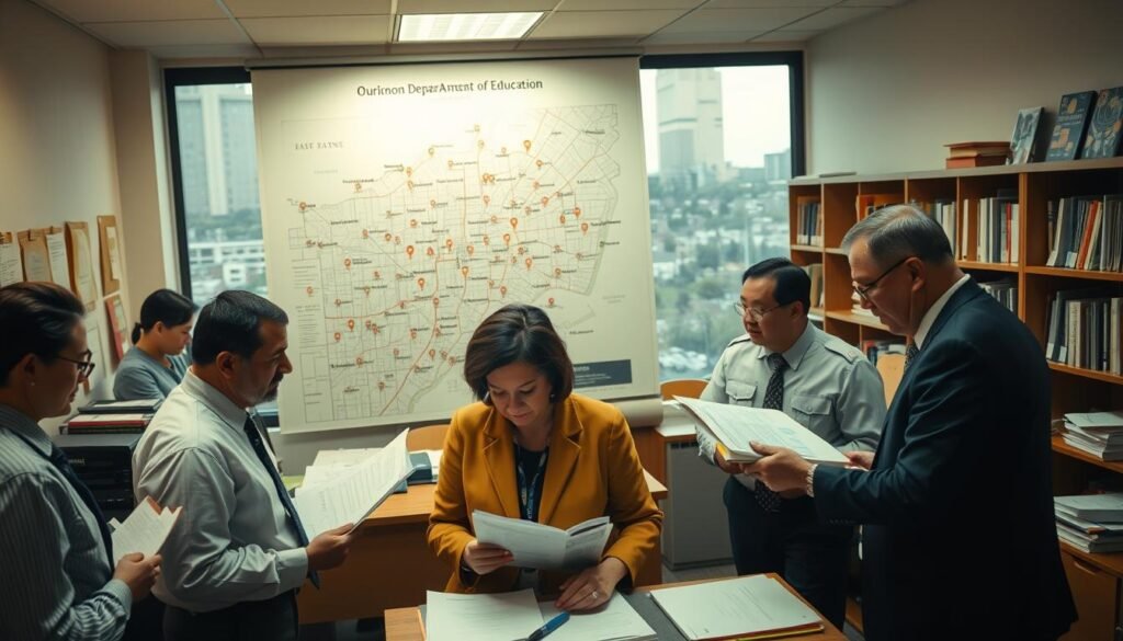 A bustling office of the Department of Education, illuminated by warm, diffused lighting. In the foreground, government officials pore over documents and converse animatedly, their expressions conveying a sense of purpose and dedication. The middle ground showcases a large map of the city, with various schools highlighted, indicating the scope of the free private school program. In the background, shelves filled with educational materials and a large window overlooking the urban landscape, reinforcing the department's role in shaping the educational landscape of the city.