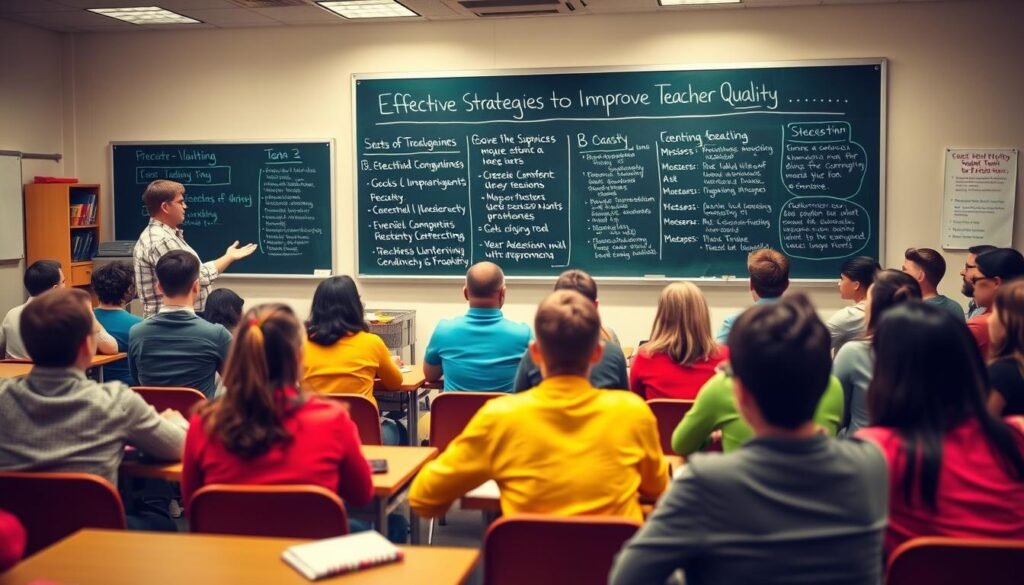 A classroom filled with engaged teachers, seated at desks and collaborating in small groups. Vibrant colors, warm lighting, and a sense of energy and focus. In the foreground, a teacher leads a presentation, gesturing animatedly and surrounded by attentive students. The middle ground showcases teachers deeply immersed in discussion, exchanging ideas and strategies. In the background, a large chalkboard displays a detailed outline of "Effective Strategies to Improve Teacher Quality", underscoring the subject matter. An atmosphere of professional development, learning, and a shared commitment to educational excellence pervades the scene.