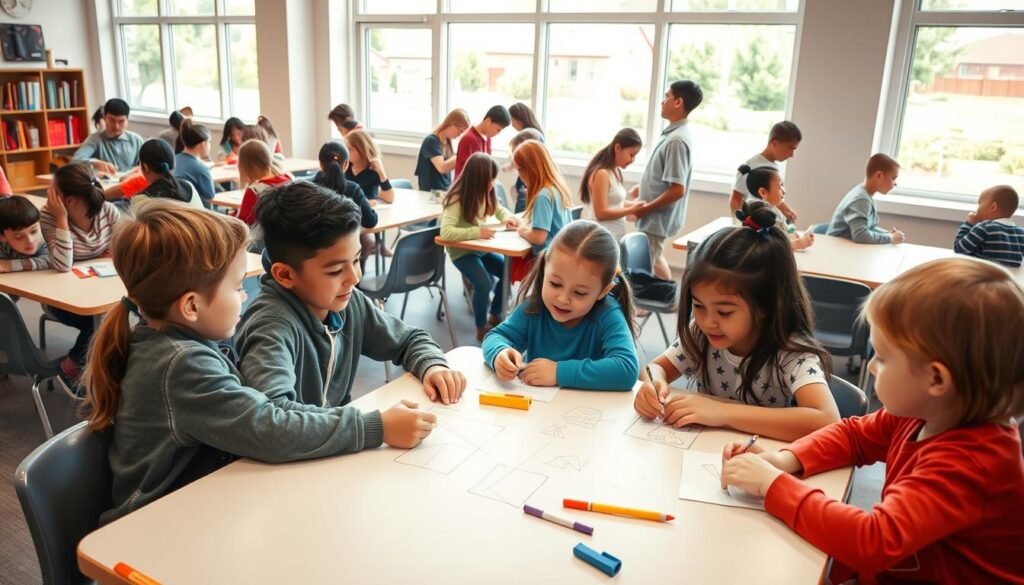 A classroom filled with enthusiastic students collaborating on a hands-on project. In the foreground, a group of four children sitting around a table, discussing ideas and sketching designs. They are engaged, their faces alight with creativity. In the middle ground, other pairs and small teams are huddled together, sharing materials and exchanging thoughts. The lighting is soft and natural, filtering in through large windows that overlook an idyllic schoolyard in the background. An atmosphere of focused cooperation and joyful learning permeates the scene, capturing the essence of project-based learning and student collaboration.