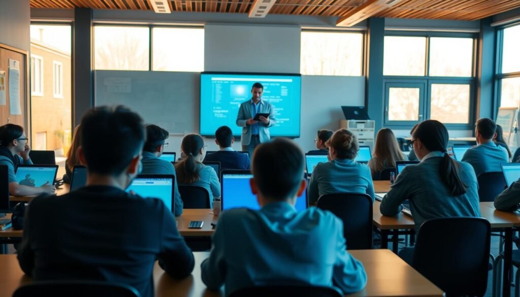 A classroom scene with students and teachers engaged in digital learning. In the foreground, students sit at desks, laptops open, intently focused on their screens. The middle ground features a teacher standing at the front, tablet in hand, guiding the lesson with digital aids projected on the whiteboard behind them. The background showcases the school's modern architecture, with large windows letting in warm, natural light. The atmosphere is one of productivity and collaboration, reflecting the transformative role of technology in shaping a progressive, forward-thinking educational environment.