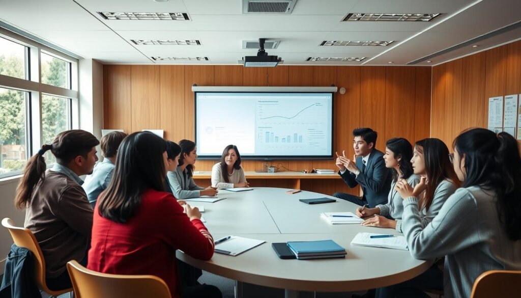 A classroom scene with students, teachers, and administrators gathered around a large table, discussing the integration of private schools into the 2025 national university entrance exam system. The room is well-lit, with warm, natural lighting flooding in through large windows. The participants are engaged in lively conversation, some taking notes, others gesticulating emphatically. In the background, a projection screen displays charts and graphs related to the exam process. The atmosphere is one of collaboration and forward-thinking, as the group works to streamline the exam for the benefit of all students, regardless of their educational background.