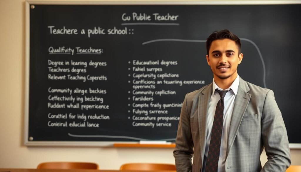 A classroom setting with a chalkboard backdrop, showcasing the requirements for becoming a teacher at a public school. In the foreground, a well-dressed, professional-looking individual stands, representing an aspiring teacher. The middle ground features a neatly organized list of qualifications, including educational degrees, teaching certifications, and relevant experience. The background is softly lit, creating a warm and inviting atmosphere, emphasizing the importance of education and community service. The overall composition conveys a sense of professionalism, dedication, and the opportunity to make a meaningful impact as a teacher in a public school system.