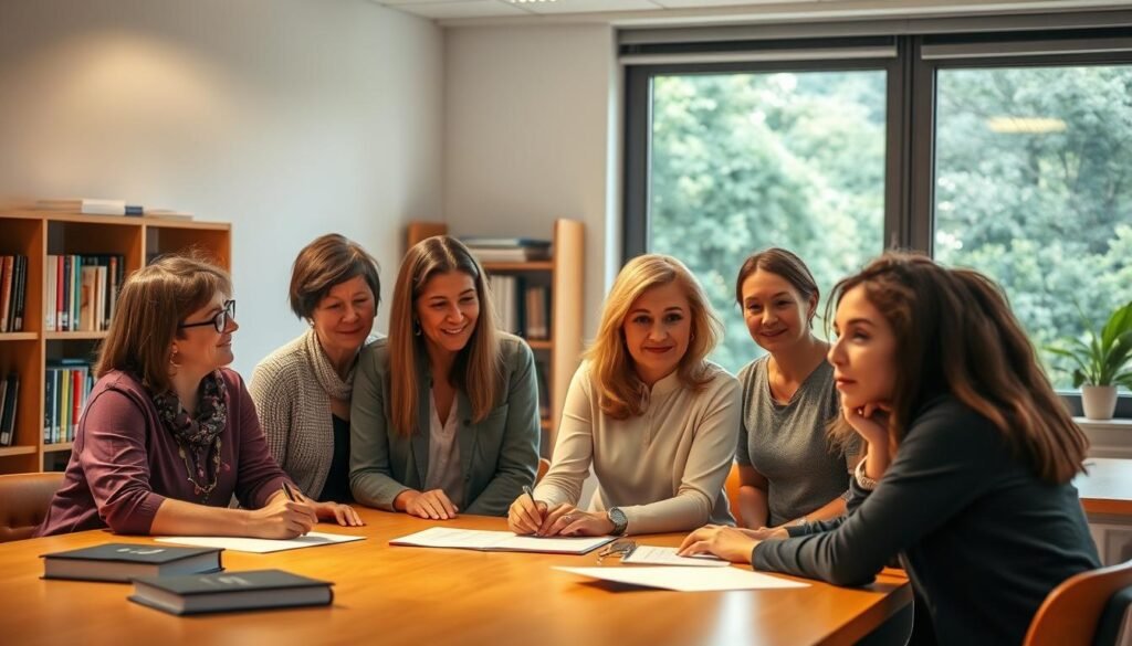 A classroom setting with a group of teachers gathered around a table, engaged in a focused discussion. The lighting is warm and natural, casting a soft glow on their faces as they collaborate on educational policies. In the background, a bookshelf and a large window overlooking a lush, verdant landscape, symbolizing the nurturing and supportive environment for educators. The teachers' expressions convey a sense of purpose and determination, reflecting their commitment to shaping the future of education. The scene exudes a atmosphere of camaraderie, professionalism, and a shared vision for empowering teachers to thrive and excel in their noble profession.