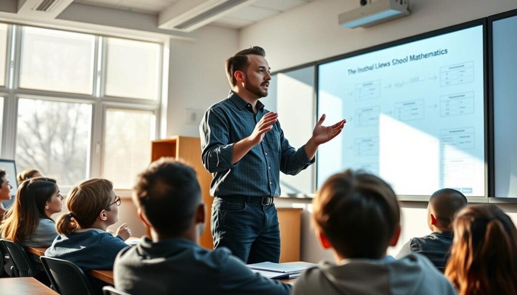A classroom setting with a male teacher standing at the front, surrounded by attentive students. The teacher is gesturing animatedly, engaged in a dynamic lesson, utilizing a large, state-of-the-art interactive display board. The classroom is well-lit, with natural sunlight streaming through large windows, creating a warm and inviting atmosphere. The students, a diverse group, are leaning forward, captivated by the teacher's teaching methods. The overall scene conveys the crucial role of the teacher in effectively leveraging audio-visual media to enhance the learning experience for high school mathematics students.