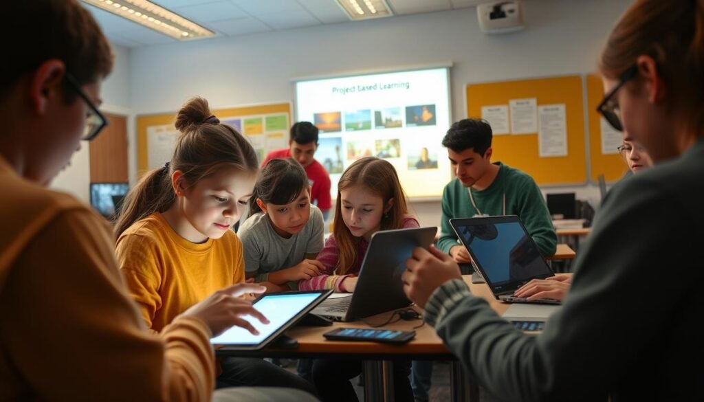 A classroom setting with students actively engaged in a project-based learning (PBL) activity, surrounded by various technological devices. In the foreground, a group of students collaborating on a tablet, their faces illuminated by the screen's glow. In the middle ground, a teacher guiding students as they navigate digital resources on their laptops. In the background, a display board showcases their work, complemented by a projector casting visuals onto the wall. The scene is bathed in a warm, natural light, creating a sense of productivity and exploration. The overall atmosphere conveys the integration of technology in the PBL process, fostering creativity and collaborative learning.