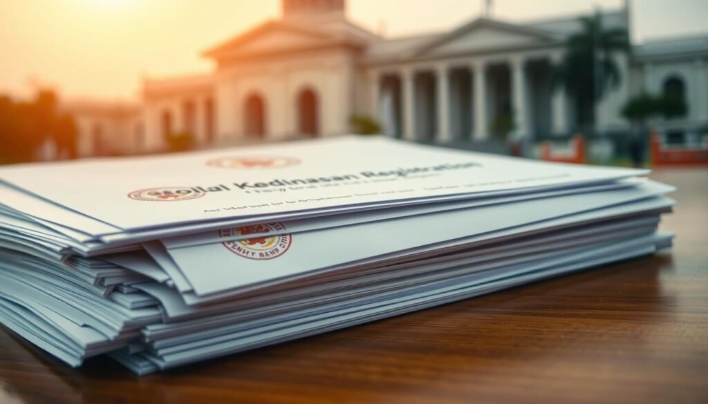 A close-up shot of a stack of official-looking documents and forms, neatly arranged on a wooden desk. The documents are labeled "Sekolah Kedinasan Registration" with intricate government seals and stamps. The lighting is soft and warm, creating a professional and authoritative atmosphere. In the background, a blurred image of a government building or academic institution suggests the educational context. The overall composition conveys the formality and importance of the school registration process.