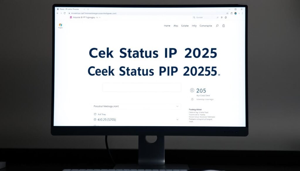 A desktop computer screen displaying a website interface with a clean and organized layout. In the foreground, a prominent section showcases the title "Cek Status PIP 2025" in a bold, legible font. Below, a search bar and input field invite the user to enter relevant information. The middle ground features neatly arranged data and statistics, conveying a sense of transparency and accessibility. In the background, a subtle gradient or pattern creates a professional, modern atmosphere, complementing the overall design. The lighting is soft and diffused, creating a calm and inviting ambiance, suitable for an educational or informational context.