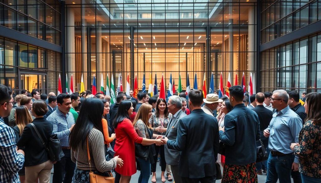 A diverse group of people from different nationalities, cultures, and backgrounds gather in a vibrant, collaborative setting. In the foreground, individuals shake hands, exchange ideas, and engage in lively discussions. The middle ground showcases an array of international flags, symbolizing the global nature of the gathering. In the background, a modern, glass-walled building with sleek architecture serves as the backdrop, illuminated by warm, natural lighting. The overall atmosphere conveys a sense of unity, progress, and the power of cross-cultural exchange.