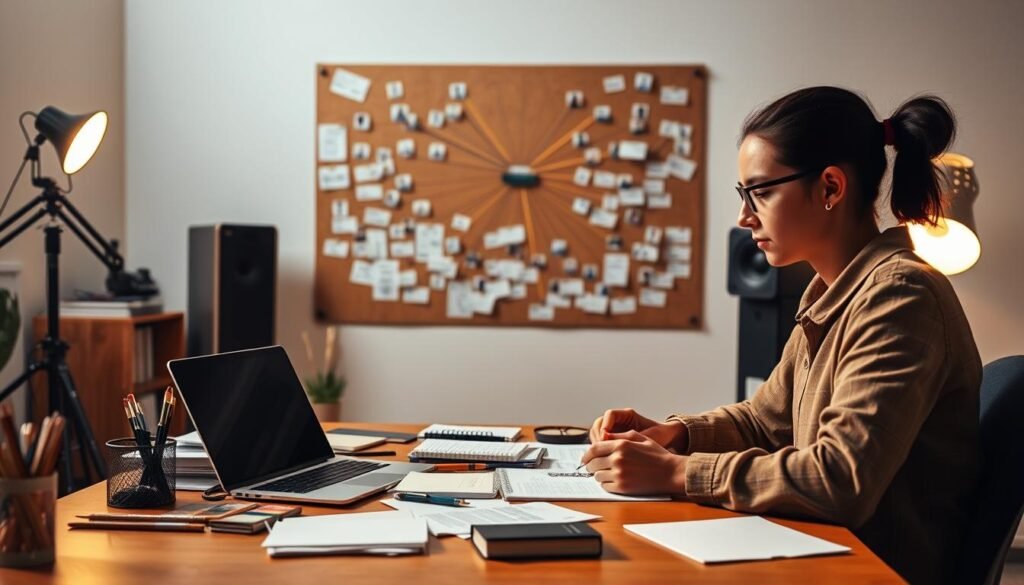 A focused, well-lit studio scene showcasing a student actively engaged in developing their skills and professional network. In the foreground, the student is seated at a desk, intently studying materials and making notes. Surrounding them, an array of stationery, a laptop, and networking-related objects like business cards and a smartphone. In the middle ground, a large corkboard displays a web of interconnected contacts and ideas, hinting at the student's growing professional network. The background features a clean, minimalist wall, emphasizing the sense of intentionality and personal growth. Warm, directional lighting casts a focused glow on the scene, conveying a mood of dedication and forward momentum.