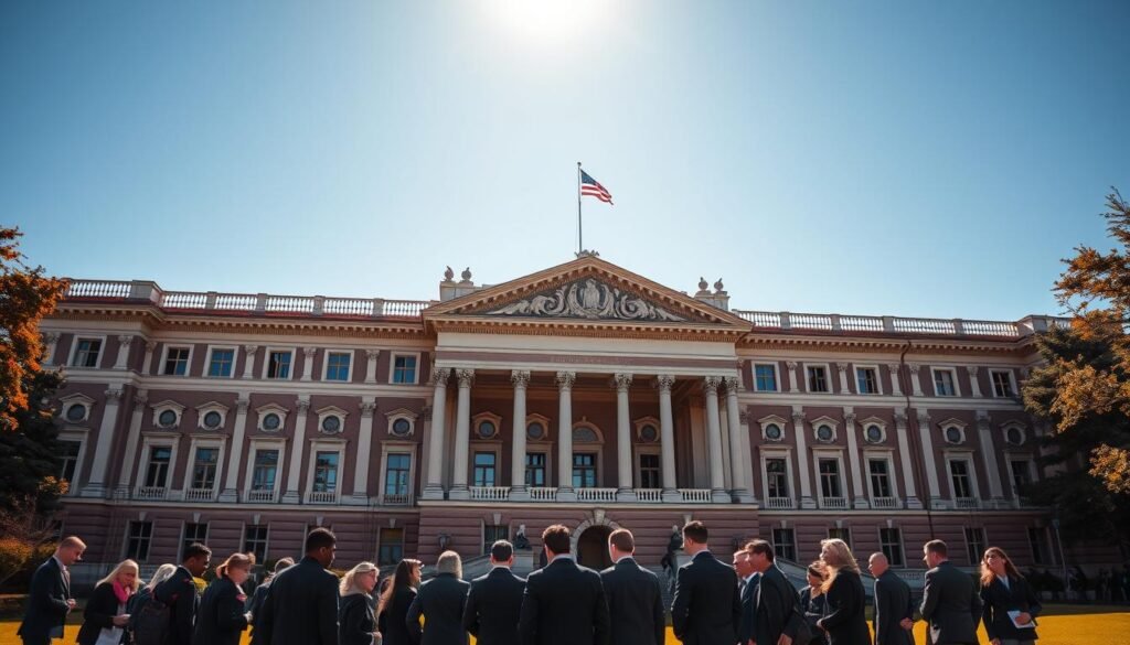 A grand, ornate academic building standing majestically against a crisp, azure sky. The structure features intricate architectural details, graceful columns, and a distinguished façade exuding a sense of authority and tradition. In the foreground, a group of students in formal attire gather, engaged in thoughtful discussion, representing the serious yet nurturing atmosphere of a prestigious government-run academy. Warm, golden sunlight filters through, casting a sense of prestige and gravitas upon the scene. The overall composition conveys the esteemed nature of the specialized government service schools, their rich history, and the air of scholarly contemplation that pervades their hallowed halls.