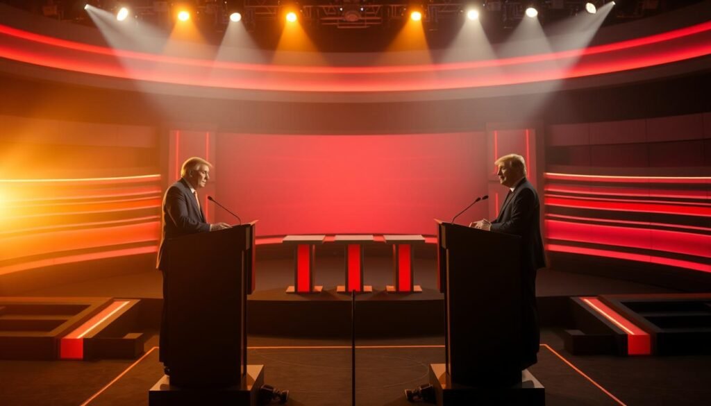 A high-angle shot of a presidential debate stage, illuminated by warm, dramatic lighting. In the center, two candidates stand at podiums, engaged in a thoughtful discussion. The background is blurred, drawing focus to the figures on stage. Their expressions are serious yet measured, reflecting the gravity of the moment. The stage is adorned with sleek, modern design elements, conveying a sense of professionalism and authority. The overall atmosphere is one of intellectual rigor and civic discourse, befitting a crucial juncture in the nation's future.
