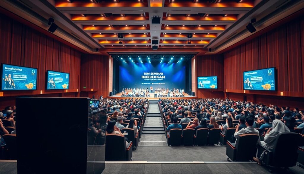 A majestic lecture hall with tiered seating, warm-toned lighting casting a welcoming glow. In the foreground, a modern podium adorned with sleek design elements, conveying a sense of authority and professionalism. The middle ground features rows of attentive audience members, their faces a mix of anticipation and intellectual curiosity. The background showcases a grand, expansive stage, flanked by large display screens showcasing the event's branding and visuals. An atmosphere of educational inspiration and thoughtful discourse permeates the scene, setting the stage for a transformative Tema Seminar Pendidikan.