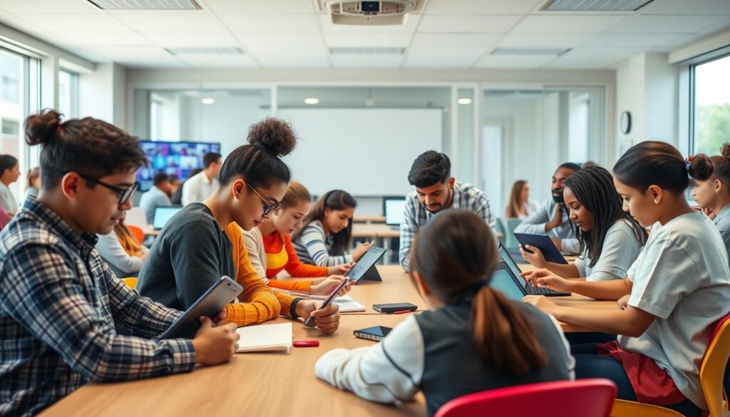 A modern classroom setting with a diverse group of students and teachers collaborating on digital devices. The foreground features focused individuals engaged in interactive learning, surrounded by a middle-ground of flexible seating arrangements and multimedia displays. The background showcases a clean, well-lit space with large windows, allowing natural light to flow in, symbolizing the openness and adaptability of the hybrid learning environment. The scene conveys a sense of energy, innovation, and a forward-thinking approach to education, capturing the challenges and opportunities of implementing a modern learning system.