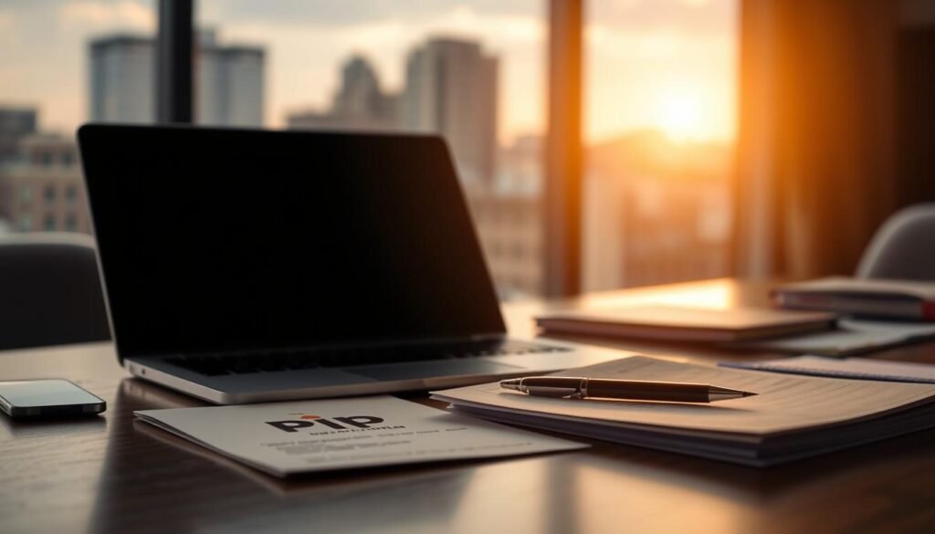 A neatly organized office desk with a laptop, pen, and documents prominently showcasing the "PIP" logo. Soft, natural lighting filters through a nearby window, casting a warm, focused glow on the scene. In the background, a blurred cityscape suggests the broader context of educational funding and student support programs. The overall mood conveys a sense of diligence, professionalism, and the careful processing of important financial matters related to the PIP program.