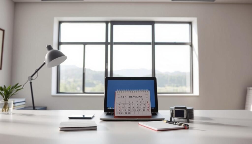 A neatly organized office scene, with a well-lit, minimalist desk setup. On the desk, a laptop, a calendar, and a notebook with a pen resting on it, symbolizing the task of setting deadlines. The background features a large window overlooking a serene, natural landscape, with soft, diffused lighting filtering in. The overall mood is one of focus, productivity, and a sense of responsibility, encouraging the viewer to consider the importance of setting deadlines to cultivate accountability.