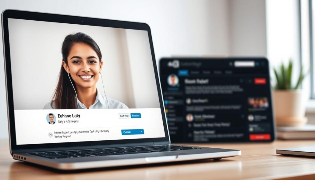 A professional-looking LinkedIn profile on a sleek, minimalist laptop screen. In the foreground, a stylized headshot of a young, confident student set against a soft, out-of-focus background. The lighting is soft and flattering, highlighting their features. In the middle ground, the student's carefully curated LinkedIn profile is visible, showcasing their education, skills, and accomplishments. The background is a clean, neutral workspace, hinting at the student's diligence and focus on personal branding. The overall mood is one of professionalism, ambition, and a strong personal identity, reflecting the subject of the article on student LinkedIn strategies.