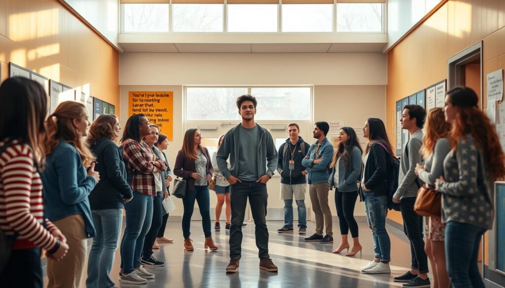 A school hallway, bathed in warm, natural light streaming through large windows. In the foreground, a group of high school students engaged in a lively discussion, gesturing animatedly as they share their ideas. At the center, a student stands tall, leading the conversation, their body language exuding confidence and authority. In the middle ground, teachers observe the scene, nodding approvingly at the students' display of leadership skills. The background features a wall adorned with inspirational quotes and student-made posters, conveying a sense of intellectual vitality and a nurturing academic environment. The overall atmosphere is one of collaboration, growth, and the fostering of student leadership within the school community.