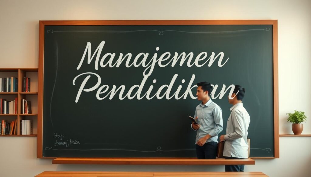 A serene academic setting, with a large chalkboard or whiteboard in the foreground, displaying the title "Manajemen Pendidikan" in elegant cursive. In the middle ground, a group of students and educators engaged in a lively discussion, their expressions thoughtful and attentive. The background features a well-stocked bookshelf, signifying the intellectual atmosphere, and soft, warm lighting casts a inviting glow over the scene. The overall composition conveys the importance and collaborative nature of educational management, inspiring a sense of both professionalism and intellectual curiosity.