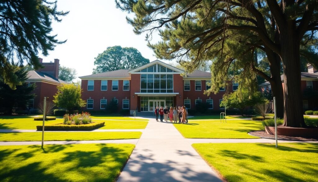 A serene and well-appointed school campus, bathed in warm afternoon sunlight. The main building, a stately two-story structure with a welcoming facade of brick and glass, stands prominently in the foreground. Lush, manicured gardens and neatly paved walkways lead visitors toward the entrance, creating a sense of order and tranquility. In the middle ground, a group of cheerful students engage in animated conversation, representing the vibrant academic community. In the background, tall trees sway gently, framing the scene and suggesting a peaceful, natural setting. The entire composition conveys a sense of pride, excellence, and an environment conducive to learning and personal growth.