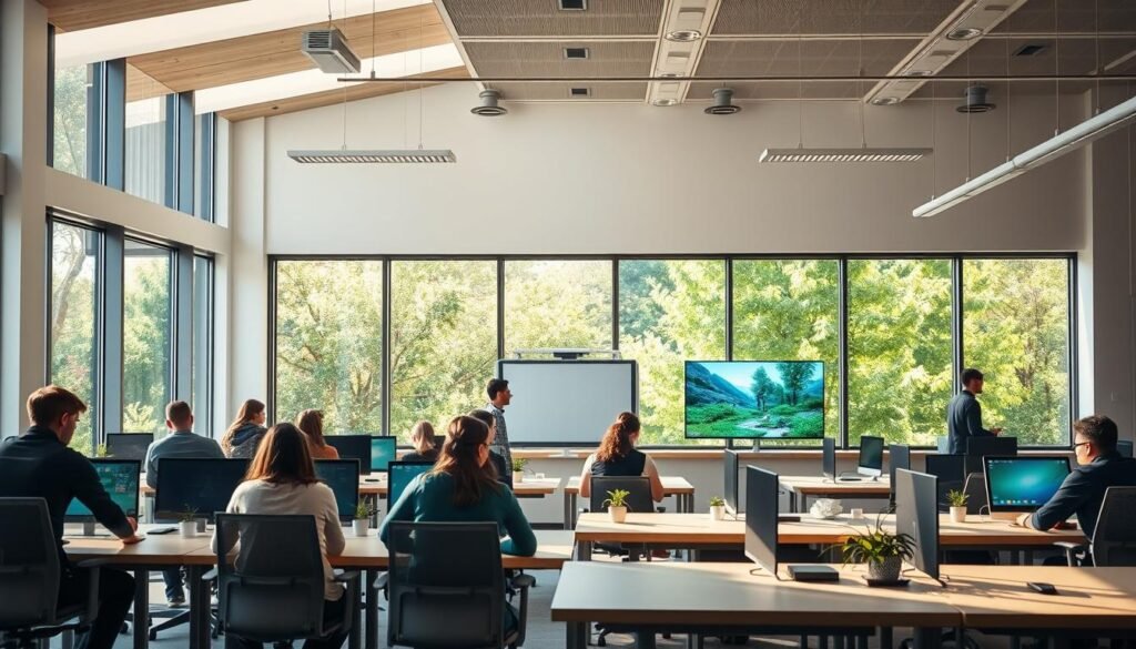 A serene and well-equipped learning environment with natural lighting flooding through large windows. In the foreground, students engaged in group discussions, collaborating at modern, ergonomic desks. The middle ground features interactive whiteboards and educational displays, encouraging hands-on learning. The background depicts lush greenery visible through the windows, creating a calming, nature-inspired atmosphere that stimulates creativity and focus. Soft, diffused lighting casts a warm, inviting glow, conveying a sense of productivity and inspiration. The overall scene reflects an integrated, technology-driven education system that nurtures personal growth and deep understanding.