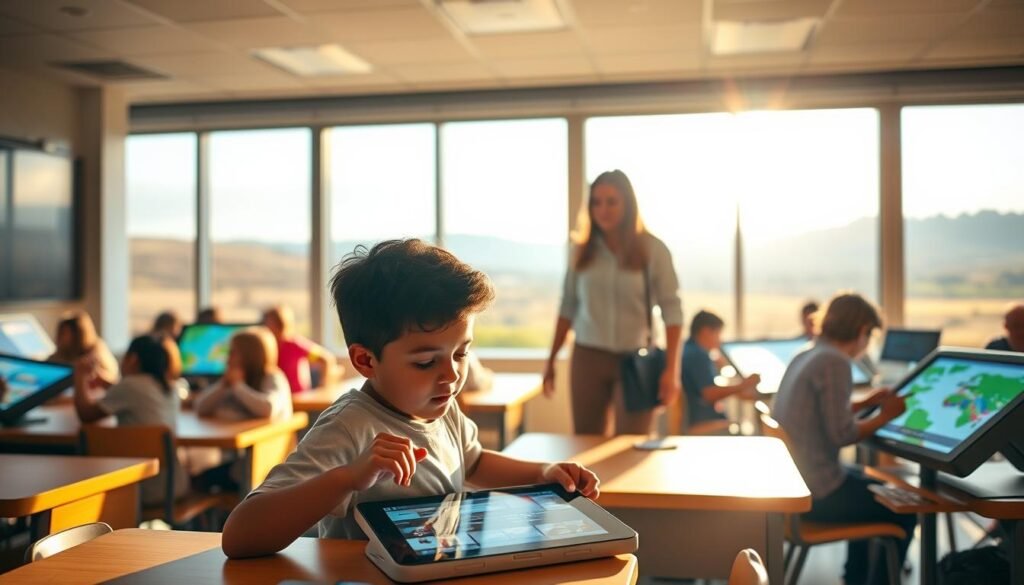 A serene classroom setting, bathed in warm, natural lighting. In the foreground, a student using a touchscreen tablet, deeply engaged in personalized learning content. Surrounding them, classmates collaborating on interactive displays, each immersed in tailored educational experiences. In the middle ground, a teacher moves between students, providing guidance and support. The background features an expansive window, revealing a scenic outdoor landscape, symbolizing the boundless possibilities of inclusive, technology-enhanced education. The atmosphere exudes a sense of productivity, wonder, and a shared journey of lifelong learning.