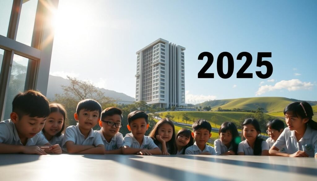 A serene landscape showcasing the hopes for Indonesian education in 2025. In the foreground, a group of diverse students, their faces alight with curiosity and determination, gathered around a modern, well-equipped classroom. Sunlight streams through large windows, casting a warm glow over the scene. In the middle ground, a towering, architecturally innovative school building stands as a symbol of progress, its clean lines and sustainable design elements reflecting a forward-thinking approach to education. The background features a lush, verdant landscape, with rolling hills and a clear, azure sky, conveying a sense of optimism and growth. The overall mood is one of excitement, possibility, and a deep commitment to nurturing the next generation of Indonesian leaders and innovators.