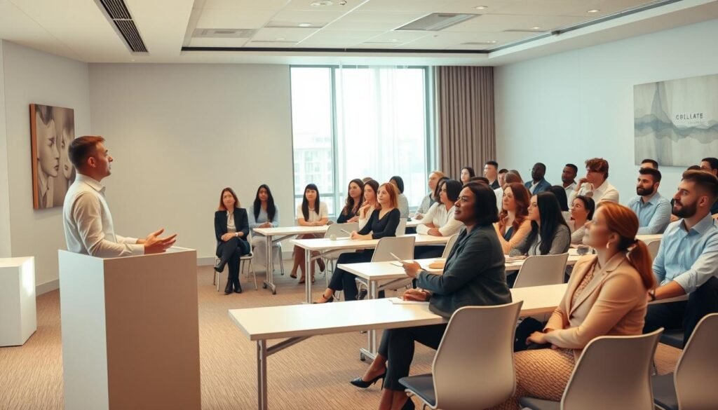 A serene, modern conference room filled with attentive individuals seated at sleek, minimalist desks. Soft, natural lighting filters through floor-to-ceiling windows, casting a warm, calming glow over the space. In the foreground, a speaker stands at a minimalist podium, gesturing as they deliver an engaging presentation on mental health. The audience, a diverse group of professionals and students, listen intently, their expressions thoughtful and engaged. The walls are adorned with muted, abstract artwork that reinforces the theme of mental wellness. An atmosphere of focus, learning, and open discussion pervades the scene.