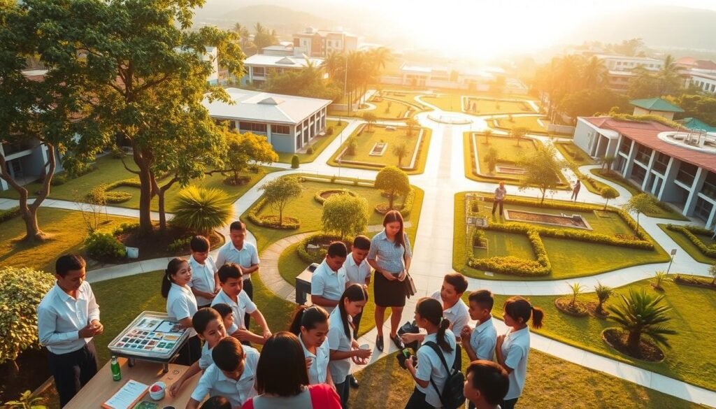A serene outdoor scene of a school campus in Indonesia, bathed in warm, golden afternoon light. In the foreground, a group of diverse students in uniforms enthusiastically engage in hands-on learning activities, surrounded by lush greenery and modern, well-equipped facilities. In the middle ground, teachers guide and collaborate with the students, fostering an atmosphere of intellectual curiosity and community. The background showcases the sprawling campus, with neatly maintained pathways, vibrant gardens, and a sense of harmony between the built and natural environments. The overall composition conveys a strong message of sustainability, educational empowerment, and the continued growth and progress of Indonesia's educational system.