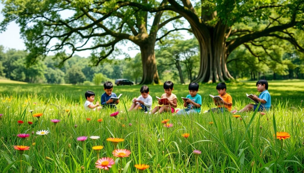 A serene outdoor setting, a lush green meadow with vibrant wildflowers in the foreground. In the middle ground, a group of children engaged in various learning activities, surrounded by nature. Towering trees in the background, casting a warm, dappled light across the scene. The children are immersed in hands-on experiments, reading books, and interacting with each other, embodying the essence of "Pendidikan Luar Sekolah" - education that takes place outside the traditional classroom. The overall atmosphere is one of wonder, exploration, and the joy of learning in a natural environment.