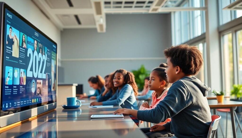 A serene, well-lit classroom in 2025, with diverse students engaged in interactive learning. The foreground features a large touchscreen display showcasing dynamic educational content. In the middle ground, students collaborate at modern desks, their faces filled with curiosity and enthusiasm. The background reveals floor-to-ceiling windows, allowing natural light to flood the space and inspire creativity. An atmosphere of innovation and forward-thinking permeates the scene, hinting at the relevance of this educational theme for the year ahead.