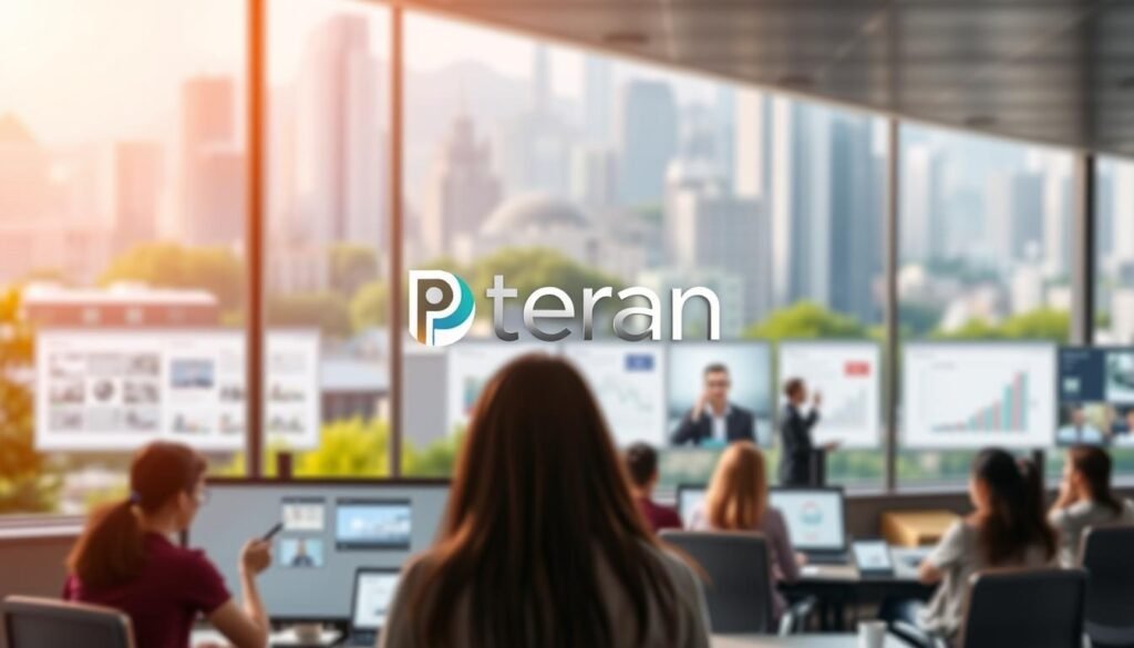 A sleek and modern learning management system interface, with a clean and intuitive layout. The Peran LMS logo prominently displayed in the center, surrounded by stylized icons and UI elements. In the foreground, students and teachers collaborating on digital whiteboards and virtual classrooms, their faces slightly blurred. In the background, a blurred cityscape with skyscrapers and lush greenery, conveying a sense of a thriving hybrid learning environment. The scene is bathed in warm, natural lighting, with a soft, inviting color palette. The overall mood is one of productivity, innovation, and a seamless integration of technology and education.