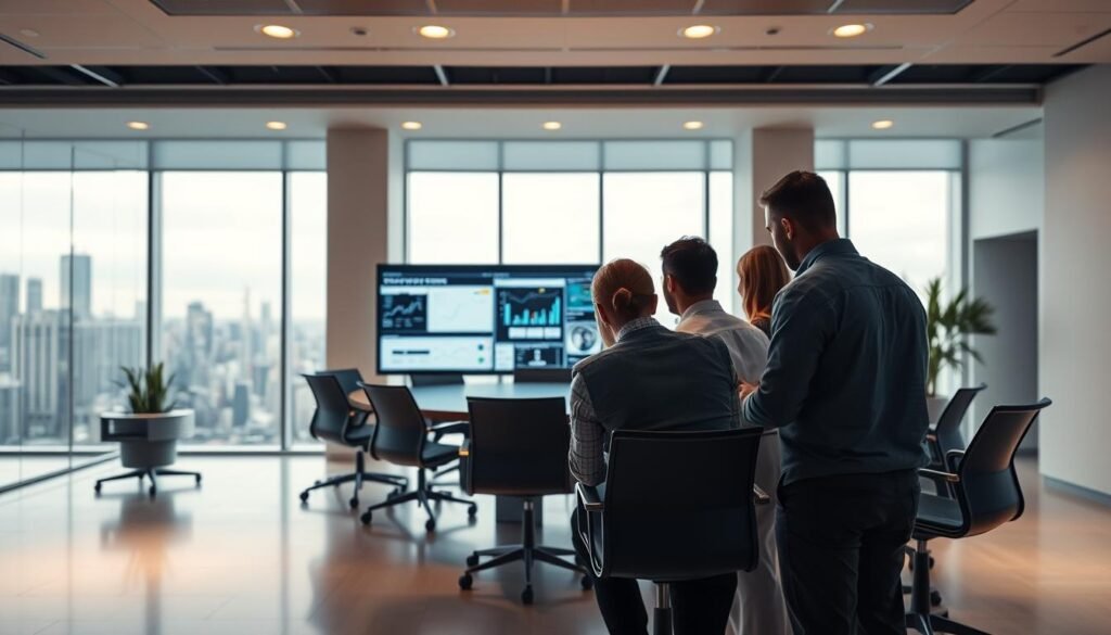 A sleek, minimalist office interior with clean lines and a focus on technology. In the foreground, a team of professionals intently studying a large display screen, their expressions intense as they analyze complex data visualizations. Subtle ambient lighting from recessed ceiling fixtures casts a warm glow, creating a focused, productive atmosphere. In the middle ground, a curved, modern conference table surrounded by ergonomic chairs, creating a collaborative workspace. The background features floor-to-ceiling windows overlooking a bustling cityscape, symbolizing the integration of deep learning into the future of education. The scene conveys a sense of strategic planning and implementation of cutting-edge technology.
