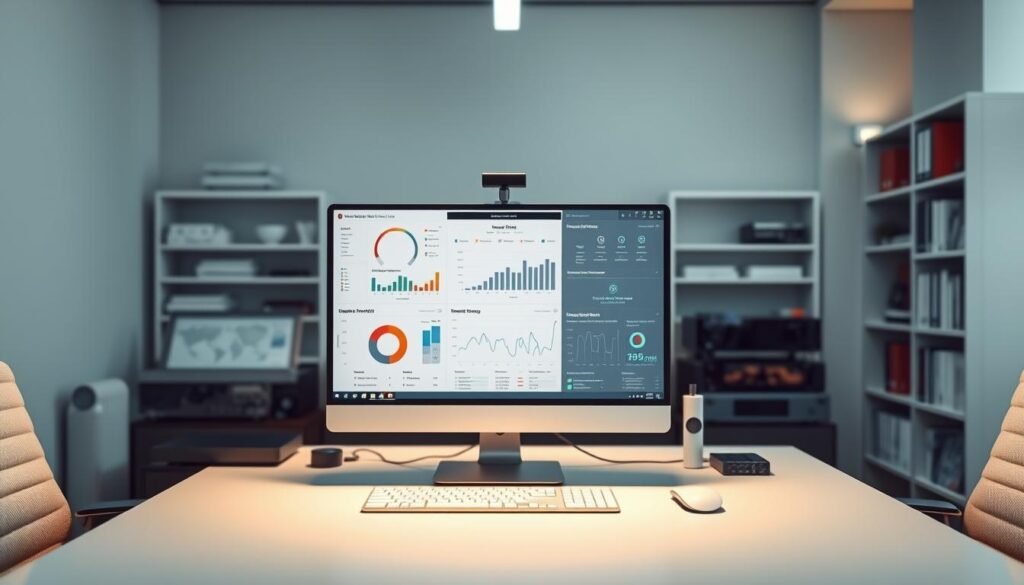 A sleek, minimalist office workspace with a large monitor displaying data visualizations and analytics dashboards. The monitor is surrounded by an array of sophisticated electronics and devices, creating an atmosphere of technological evaluation and assessment. Diffused lighting from above casts a warm, focused glow on the workstation, highlighting the precision and attention to detail required for language technology benchmarking. In the background, blurred shelves hold various reference materials and resources, suggesting a comprehensive approach to the task at hand. The overall scene conveys a sense of diligent, data-driven evaluation of language technology, ready to provide insights for the "Benchmark NusaX: Tugas dan Evaluasi" section.