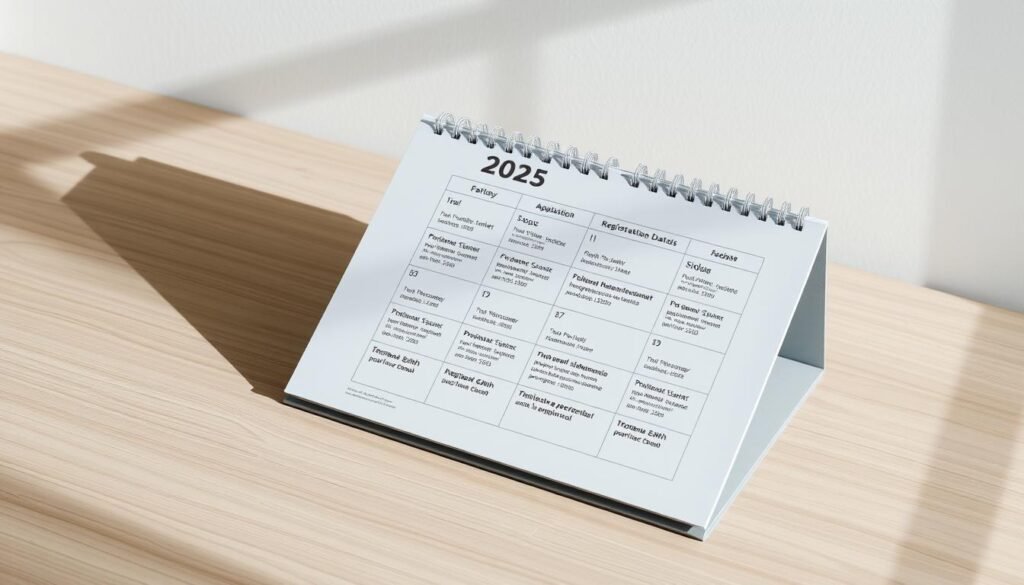 A sleek, modern calendar displayed on a minimalist desk, showcasing the key registration dates for the 2025 Kedinasan School admissions. The calendar's pages are crisp and clean, with bold, legible typography highlighting the important deadlines. The desk surface is a smooth, neutral-toned wood, creating a professional and organized atmosphere. Soft, directional lighting casts subtle shadows, emphasizing the calendar's elegant design. The overall scene conveys a sense of structure, efficiency, and attention to detail, reflecting the important information it contains about the IPDN and STAN application process.