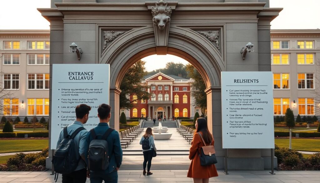 A sleek, modern college campus with a grand, ornate facade and manicured lawns. In the foreground, a group of prospective students stands before an imposing stone archway, studying the entrance requirements and eligibility criteria displayed on a crisp, minimalist sign. The middle ground features a well-lit courtyard with rows of benches and elegant water fountains, conveying a sense of scholarly serenity. In the background, the silhouettes of academic buildings rise, their windows aglow, hinting at the rich intellectual and cultural life within. The scene is bathed in warm, golden light, creating an atmosphere of prestige, opportunity, and tradition.