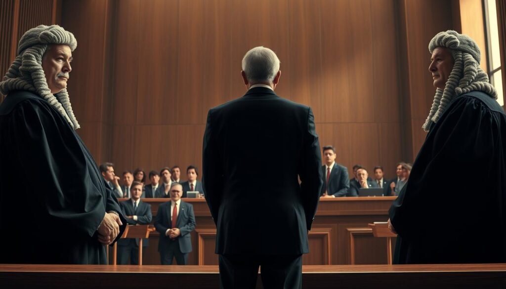 A solemn and authoritative scene set in a modern courtroom. In the foreground, three figures in dark robes and wigs - judges presiding over a high-stakes legal proceeding. Their expressions are stern, commanding attention. In the middle ground, lawyers in tailored suits stand before the bench, engaged in impassioned debate. Tension fills the air as the fate of the SPMB 2025 admissions process hangs in the balance. The background is bathed in a warm, muted light filtering through tall windows, lending an air of gravitas to the proceedings. The overall mood is one of seriousness and high-stakes decision-making, reflecting the critical role of the justice system in safeguarding the integrity of the SPMB 2025.