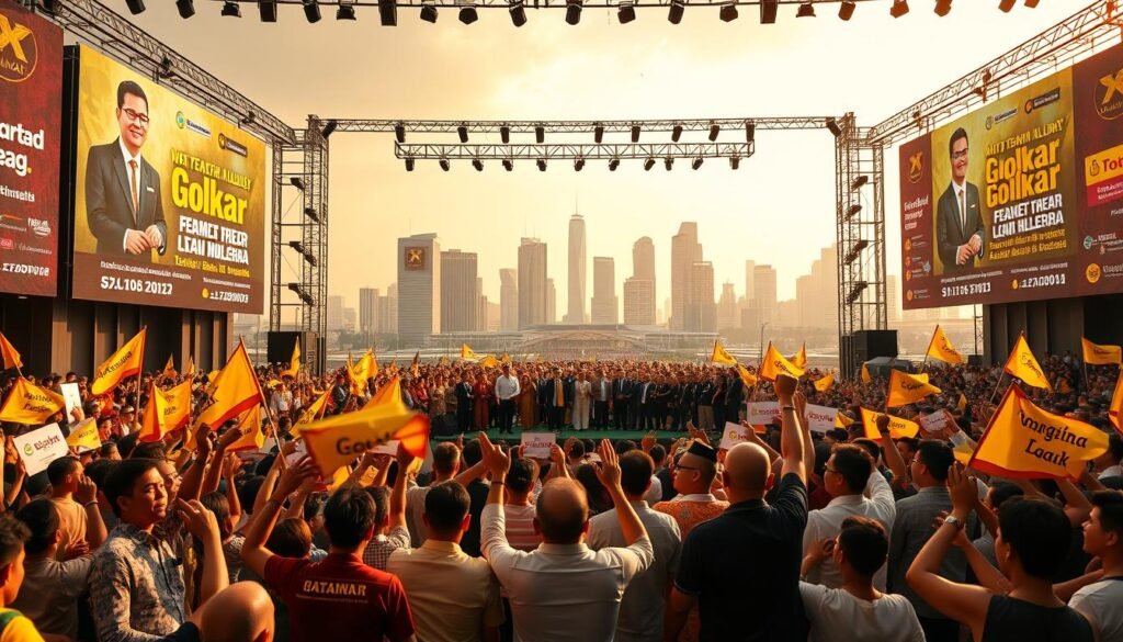 A strategic campaign rally of the Golkar party in DKI Jakarta, Indonesia. A large stage with the party's logo and candidate's name prominently displayed, flanked by massive video screens showcasing campaign slogans and policies. In the foreground, a diverse crowd of supporters enthusiastically waving flags and banners, their energy and excitement palpable. The middle ground features a group of party officials and local leaders, engaged in animated discussions, their body language conveying a sense of confidence and unity. The background is filled with the iconic skyline of Jakarta, bathed in warm, golden light, creating a sense of civic pride and optimism. The overall scene exudes a powerful, yet sophisticated atmosphere, reflecting the party's strategic efforts to solidify its presence and secure electoral gains in the region.