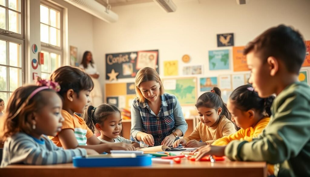 A thoughtful, well-researched classroom scene illuminated by warm, natural light streaming through large windows. In the foreground, a group of diverse elementary school students engage in hands-on activities, their expressions focused and inquisitive. In the middle ground, a caring teacher guides them, facilitating discussion and collaboration. The background depicts an airy, inviting space filled with educational resources, colorful displays, and inspirational visuals - a nurturing environment that fosters learning and personal growth. The overall atmosphere conveys the profound impact that research-driven educational practices can have on cultivating young minds and shaping their character development.