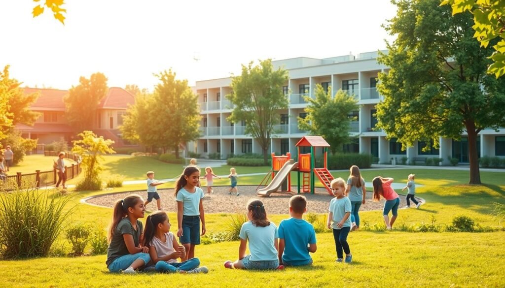A tranquil school campus nestled in a lush, verdant landscape. In the foreground, a group of students engage in a lively group discussion, their faces animated as they exchange ideas. The middle ground features a well-equipped playground, where children swing and slide, their laughter echoing through the air. In the background, the school building stands tall, its modern architecture and large windows suggesting a nurturing, progressive learning environment. Warm, natural lighting filters through the scene, creating a sense of warmth and contentment. The overall atmosphere conveys the positive influence a well-designed, supportive school environment can have on the character and development of young students.