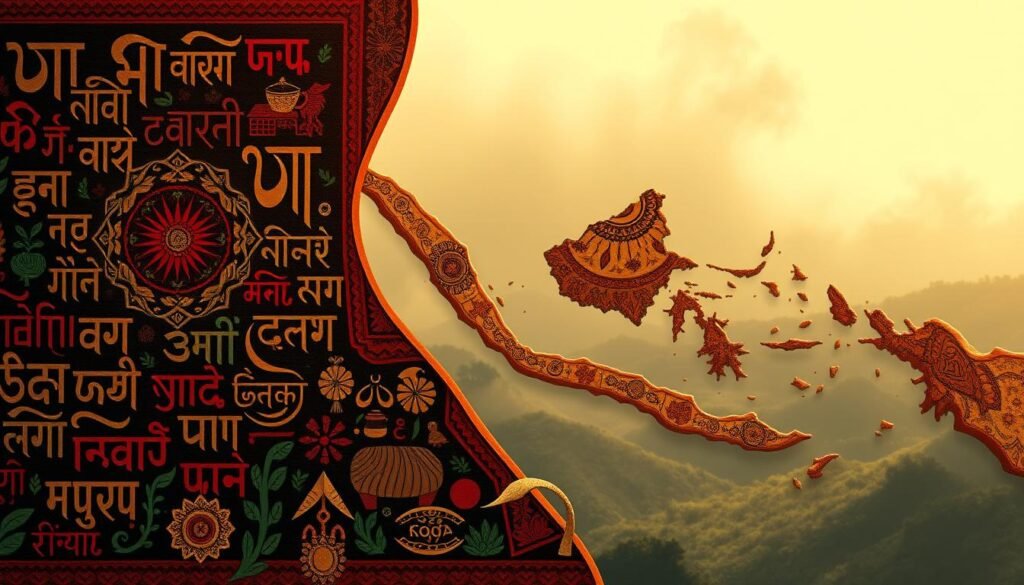 A vibrant and richly textured illustration depicting the distinctive characteristics of Indonesian local languages. In the foreground, a tapestry-like pattern showcases diverse scripts, glyphs, and typography, each representing the unique cultural heritage of a specific region. The middle ground features a stylized map of the Indonesian archipelago, with intricate patterns and motifs woven throughout, hinting at the incredible linguistic diversity across the nation. In the background, a hazy, ethereal landscape sets the mood, evoking a sense of tradition, heritage, and the preservation of these endangered linguistic treasures. The lighting is warm and diffused, creating a sense of timelessness and cultural significance. The overall composition conveys the importance of celebrating and nurturing Indonesia's local languages, which are at the heart of its rich cultural tapestry.