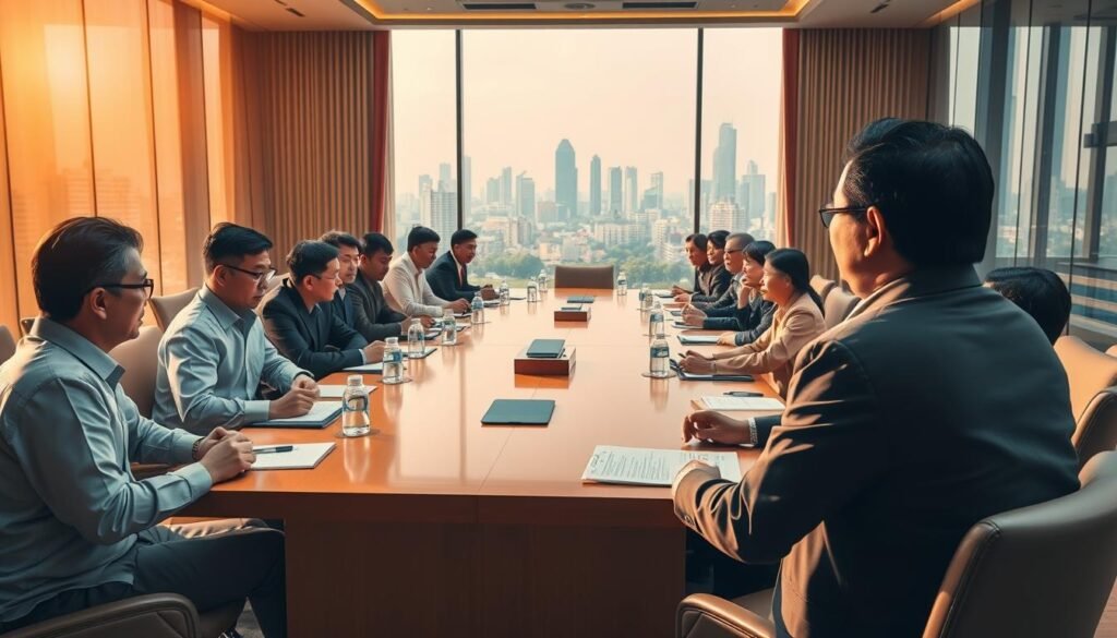 A vibrant, high-resolution image of a bustling city council meeting, with the members of the MKGR DKI Jakarta sitting around a large conference table, engaged in deep discussion. The room is filled with a sense of purpose and determination, with warm lighting casting a subtle glow on the faces of the participants. In the foreground, the charismatic leader, Adies Kadir, stands at the head of the table, presenting his vision for the organization's upcoming programs and initiatives. The middle ground showcases the diverse group of council members, each with their own unique expressions and body language, reflecting the collaborative nature of their work. In the background, a cityscape of Jakarta can be seen through the large windows, hinting at the broader context and impact of their decisions. The overall atmosphere conveys a sense of professionalism, innovation, and a steadfast commitment to serving the people of the city.