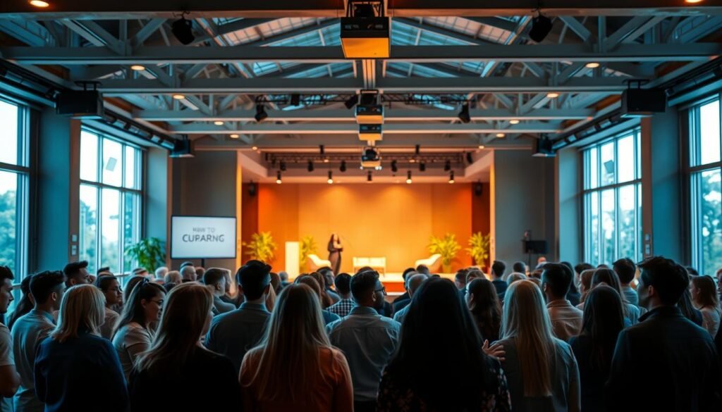 A vibrant seminar on personal development unfolds before us. In the foreground, a group of engaged individuals gather, faces aglow with enthusiasm as they delve into insightful discussions. The lighting is warm and inviting, casting a soft, natural glow that sets the tone for introspection and growth. In the middle ground, the seminar's stage stands as a focal point, adorned with minimalist yet impactful decor that reflects the theme of self-improvement. Sleek podiums and comfortable seating arrangements invite the audience to immerse themselves in the transformative experience. The background reveals a spacious, well-appointed venue, its architecture blending modern and traditional elements. Large windows allow natural light to flood the space, creating a sense of openness and possibility. An atmosphere of inspiration and self-discovery permeates the scene, inviting the viewer to imagine the transformative power of this seminar on personal development.