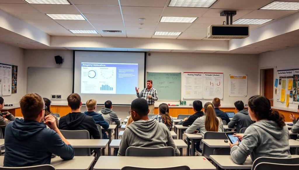 A well-designed classroom with a large projection screen at the front, showcasing an engaging multimedia presentation. The lighting is soft and even, creating a welcoming and focused atmosphere. In the foreground, a group of attentive high school students sit at modern desks, their expressions a mix of interest and curiosity. The middle ground features a teacher standing next to the projection screen, gesturing animatedly as they guide the students through the content. In the background, the walls are adorned with educational posters and displays, reinforcing the academic setting. The overall scene conveys a sense of effective, technology-enhanced learning for a mathematics lesson.