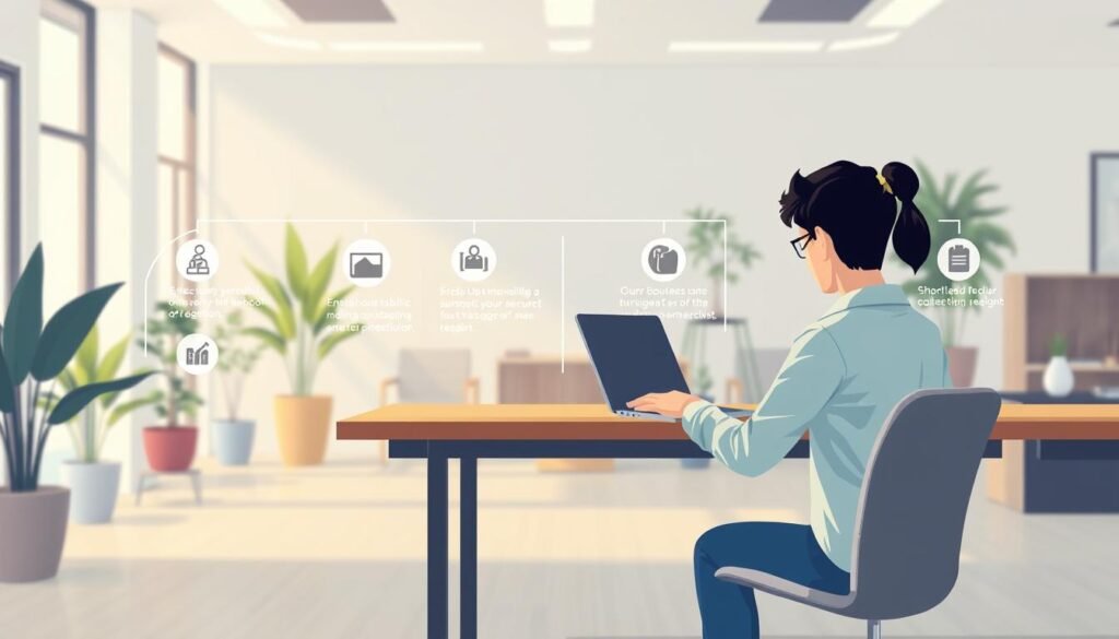 A well-lit, detailed digital illustration showcasing the step-by-step online registration process for the Kemensos public school teacher recruitment in 2025. In the foreground, a person seated at a desk navigates through an intuitive web application, carefully filling out forms and submitting required documents. The middle ground features informative icons and UI elements guiding the user through each stage of the registration workflow. In the background, a serene office environment with potted plants and modern furnishings creates a professional, welcoming atmosphere. Soft, warm lighting and a clean, minimalist aesthetic convey a sense of efficiency and transparency throughout the procedure.