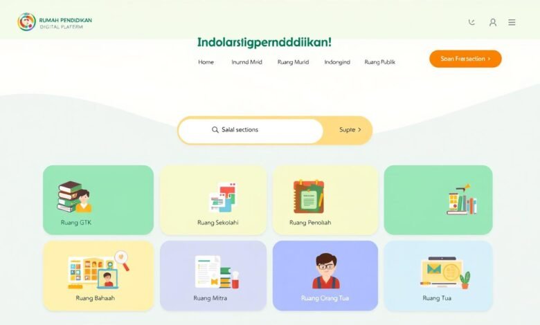 Tampilan utama platform Rumah Pendidikan menampilkan delapan ruang utama dengan antarmuka yang ramah pengguna