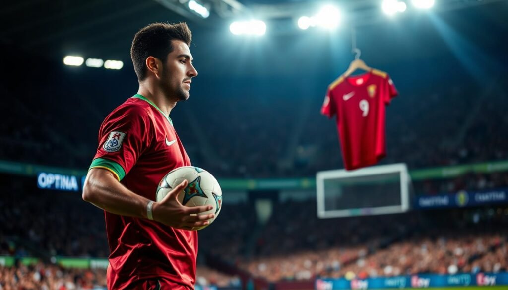 A Portuguese footballer standing over a penalty spot, ball in hand, determination etched on his face. The stadium lights cast dramatic shadows, as the crowd holds its collective breath. The player's stance is poised and focused, the weight of the moment palpable. In the background, the iconic Portuguese national team jersey hangs, a symbol of the team's rich history and the high stakes of this pivotal moment. The scene conveys the pressure and intensity of a crucial penalty kick, the player's skill and mental fortitude on full display as he prepares to secure victory for his nation. A Portuguese footballer standing over a penalty spot, ball in hand, determination etched on his face. The stadium lights cast dramatic shadows, as the crowd holds its collective breath. The player's stance is poised and focused, the weight of the moment palpable. In the background, the iconic Portuguese national team jersey hangs, a symbol of the team's rich history and the high stakes of this pivotal moment. The scene conveys the pressure and intensity of a crucial penalty kick, the player's skill and mental fortitude on full display as he prepares to secure victory for his nation.