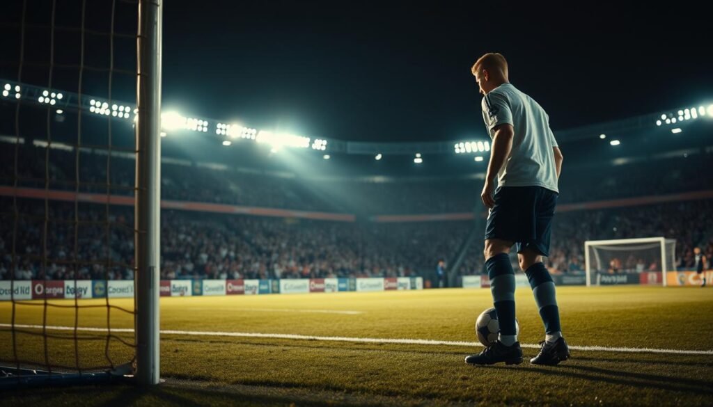 A dramatic soccer penalty kick moment, captured with cinematic flair. A lone player steps up to the penalty spot, the weight of the game resting on their shoulders. Tension fills the air as the crowd holds its breath, the stadium lights casting dramatic shadows across the scene. The player's face is etched with determination, their eyes laser-focused on the ball. In the foreground, the penalty spot and a glimpse of the goal frame command attention, while the blurred background depicts the packed stadium, fans on the edge of their seats. The lighting is moody and atmospheric, creating a palpable sense of high-stakes drama. The composition emphasizes the solitary player, the penalty kick becoming the sole focus of the frame. A dramatic soccer penalty kick moment, captured with cinematic flair. A lone player steps up to the penalty spot, the weight of the game resting on their shoulders. Tension fills the air as the crowd holds its breath, the stadium lights casting dramatic shadows across the scene. The player's face is etched with determination, their eyes laser-focused on the ball. In the foreground, the penalty spot and a glimpse of the goal frame command attention, while the blurred background depicts the packed stadium, fans on the edge of their seats. The lighting is moody and atmospheric, creating a palpable sense of high-stakes drama. The composition emphasizes the solitary player, the penalty kick becoming the sole focus of the frame.