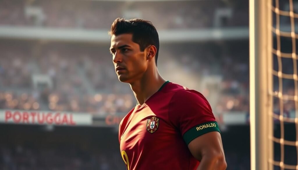 An elite football player, Cristiano Ronaldo, stands confidently on the pitch, his powerful gaze fixed on the goal. Wearing his signature Portugal jersey, the sun's golden rays illuminate his toned physique, casting dramatic shadows that accentuate his determination. In the background, a hazy, stadium-like setting blurs, keeping the focus on Ronaldo's central figure. His expression conveys a mix of focus and intensity, hinting at a resolve to redeem himself after a recent penalty miss. The scene exudes a sense of anticipation, as if capturing the moment before a game-changing goal or celebration. An elite football player, Cristiano Ronaldo, stands confidently on the pitch, his powerful gaze fixed on the goal. Wearing his signature Portugal jersey, the sun's golden rays illuminate his toned physique, casting dramatic shadows that accentuate his determination. In the background, a hazy, stadium-like setting blurs, keeping the focus on Ronaldo's central figure. His expression conveys a mix of focus and intensity, hinting at a resolve to redeem himself after a recent penalty miss. The scene exudes a sense of anticipation, as if capturing the moment before a game-changing goal or celebration.